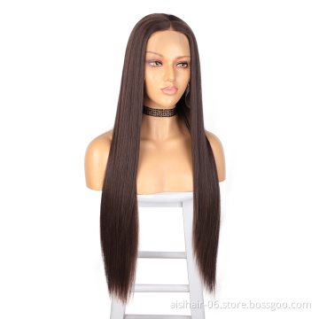 Aisi Hair Long Silky Straight Wave Brown Wig Cheap Swiss Lace Wig Synthetic Hair Lace Frontal Wigs For Black White Women
